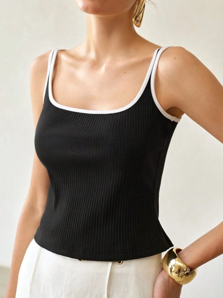 Black Ribbed Knit Crop Tank With White Contrast Trim